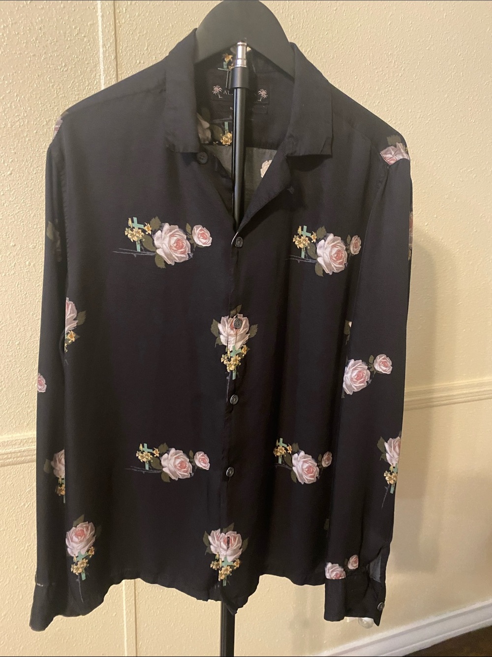 All Saints Black Shirt with Pink Rose Print